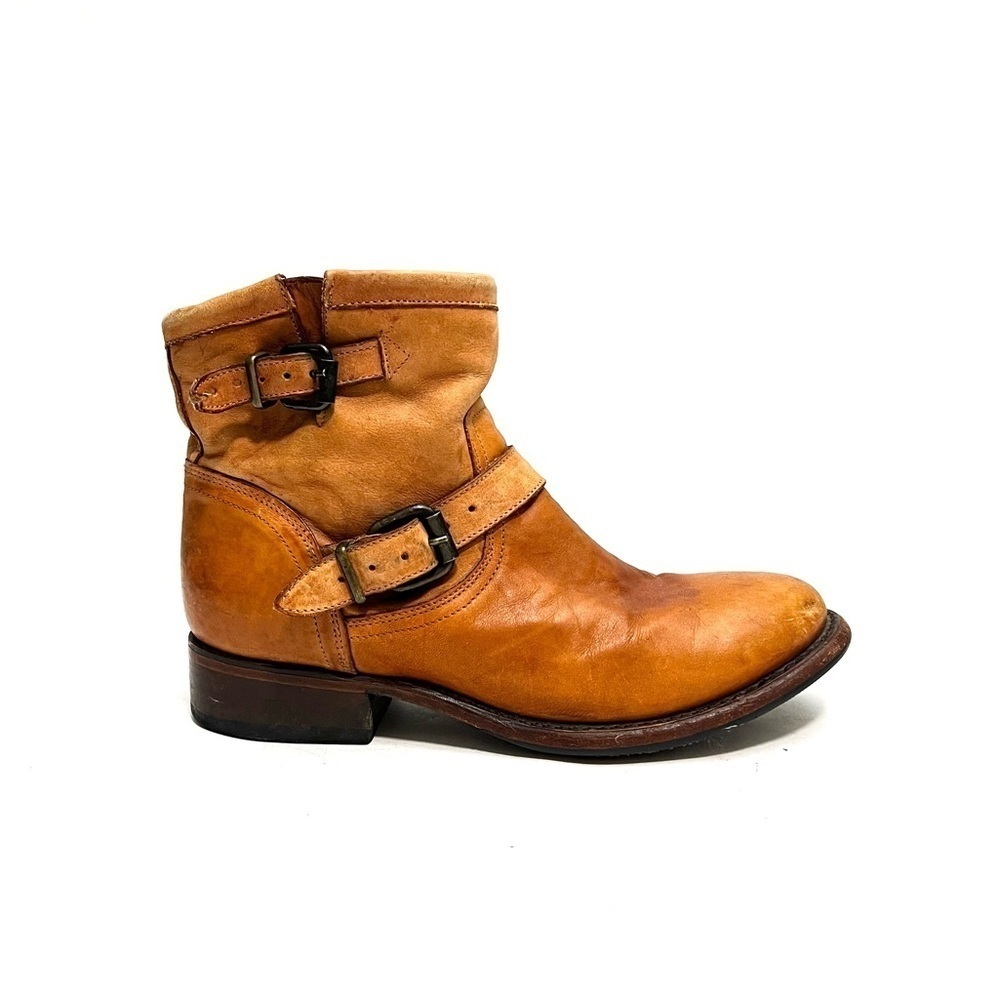 Vintage Y2K tan leather dual buckle pull on heeled ankle boots